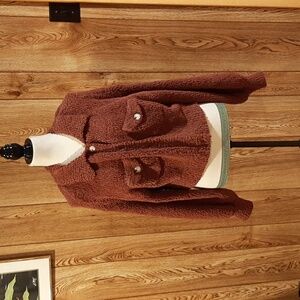 🫖Blue Blush Popcorn/Fuzzy Balloon-Sleeve Button-Down Jacket (L)🫖